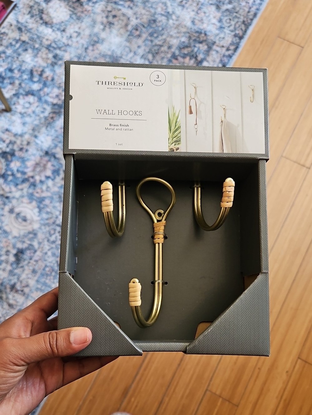 Threshold Brass-Finish Wall Hook Set with Natural Rattan Wraps